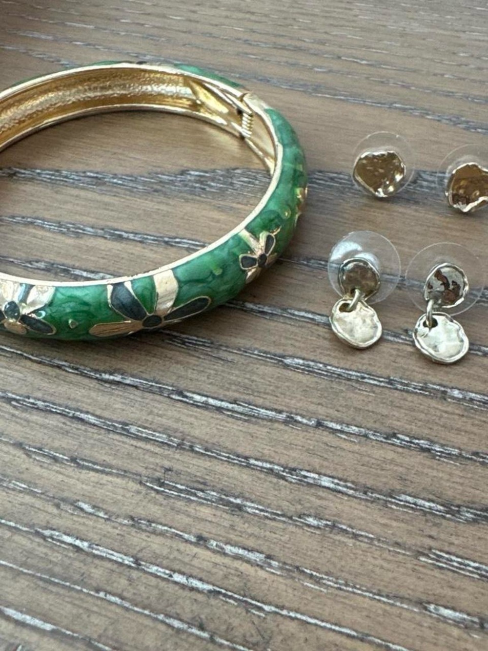 Green Enamel Floral Hinged Bangle Bracelet with Gold Accents